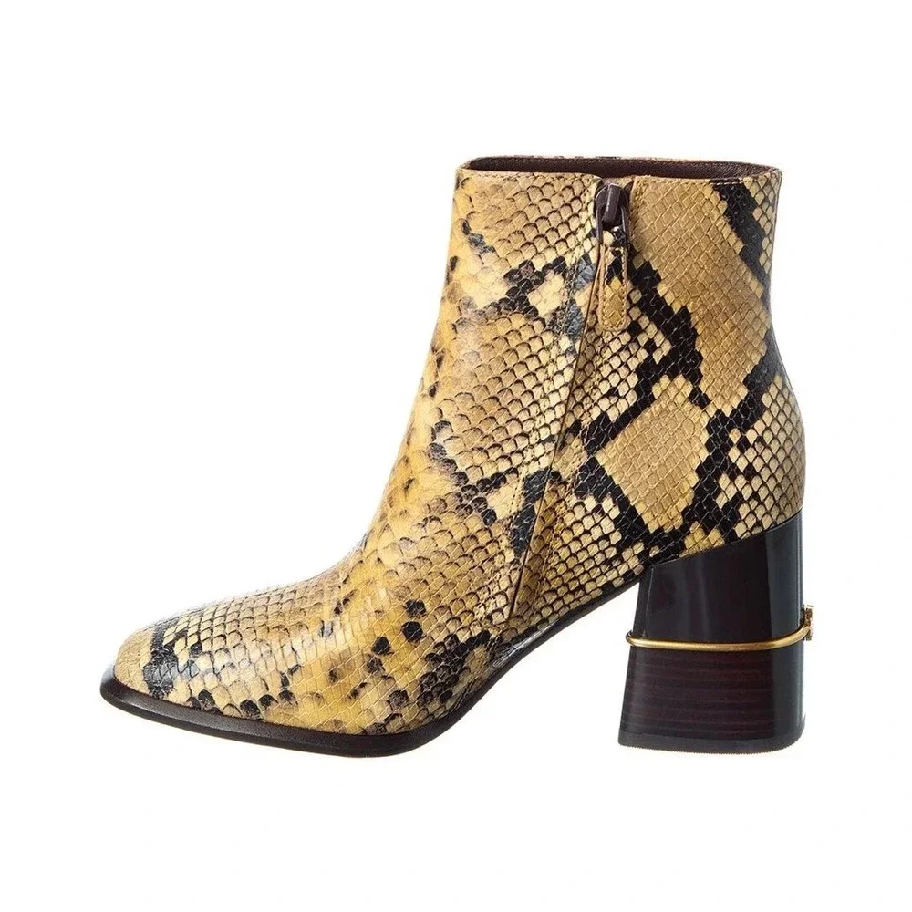 New Tory Burch Snakeskin Embossed‎ Leather Square Toe Ankle Boots 9.5 Yellow